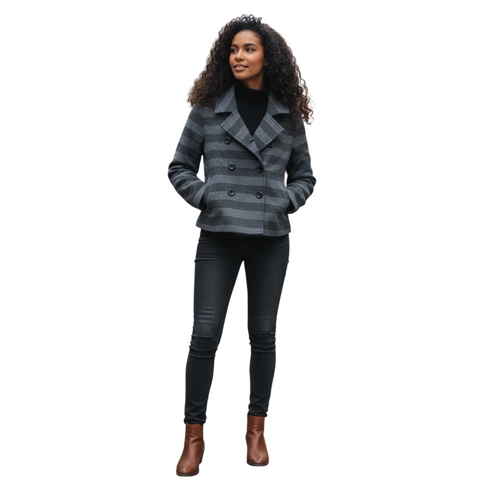 Gap Double Breasted Striped Short‎ Wool Blend Pea Coat Jacket Gray Size XS -Y2K